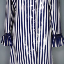 Load image into Gallery viewer, 60s LA FLAQUE DE PARIS BLUE WHITE STRIPED RAINCOAT WITH CIRCUS RUFFLE NECK AND CUFFS - S-M