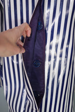 Load image into Gallery viewer, 60s LA FLAQUE DE PARIS BLUE WHITE STRIPED RAINCOAT WITH CIRCUS RUFFLE NECK AND CUFFS - S-M