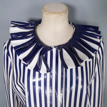 Load image into Gallery viewer, 60s LA FLAQUE DE PARIS BLUE WHITE STRIPED RAINCOAT WITH CIRCUS RUFFLE NECK AND CUFFS - S-M