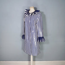 Load image into Gallery viewer, 60s LA FLAQUE DE PARIS BLUE WHITE STRIPED RAINCOAT WITH CIRCUS RUFFLE NECK AND CUFFS - S-M