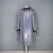 Load image into Gallery viewer, 60s LA FLAQUE DE PARIS BLUE WHITE STRIPED RAINCOAT WITH CIRCUS RUFFLE NECK AND CUFFS - S-M