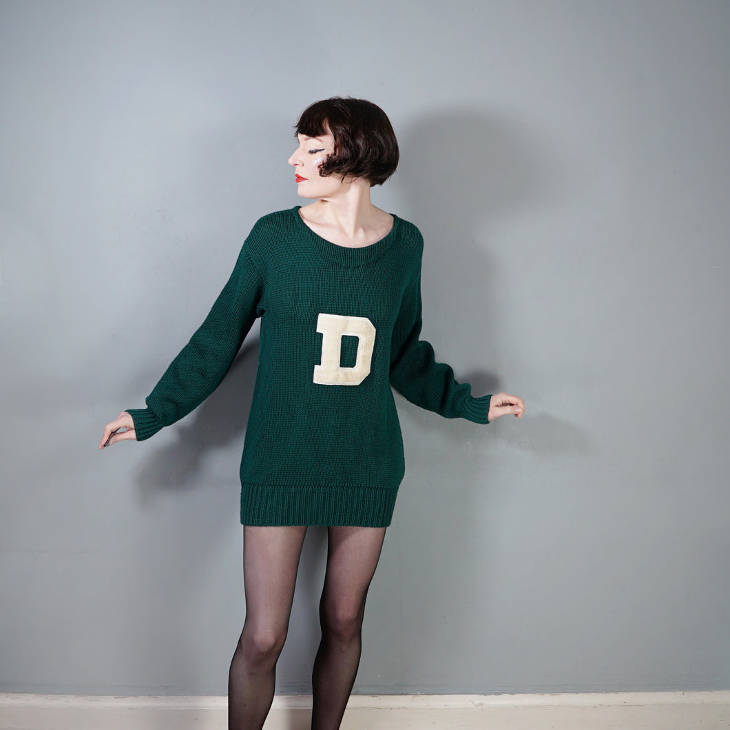 VINTAGE CHUNKY GREEN WOOL COLLEGE SPORTS LETTERMAN JUMPER - L