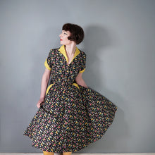 Load image into Gallery viewer, 50s NOVELTY BLACK DUCK PRINT FULL SKIRTED BELTED COTTON DRESS - M