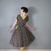 Load image into Gallery viewer, 50s NOVELTY BLACK DUCK PRINT FULL SKIRTED BELTED COTTON DRESS - M