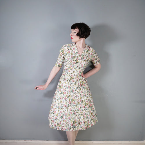 40s STAMP AND COIN PRINT NOVELTY FIT AND FLARE PASTEL DAY DRESS - S