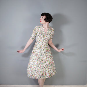 40s STAMP AND COIN PRINT NOVELTY FIT AND FLARE PASTEL DAY DRESS - S