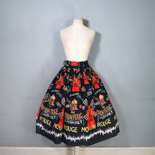 Load image into Gallery viewer, 50s BLACK AND RED MOULAIN ROUGE PARIS NOVELTY PRINT FULL SKIRT WITH BELT - 26"