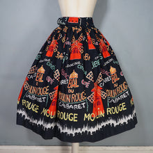 Load image into Gallery viewer, 50s BLACK AND RED MOULAIN ROUGE PARIS NOVELTY PRINT FULL SKIRT WITH BELT - 26"