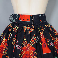 Load image into Gallery viewer, 50s BLACK AND RED MOULAIN ROUGE PARIS NOVELTY PRINT FULL SKIRT WITH BELT - 26"