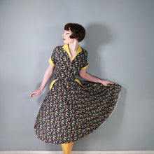 Load image into Gallery viewer, 50s NOVELTY BLACK DUCK PRINT FULL SKIRTED BELTED COTTON DRESS - M