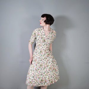 40s STAMP AND COIN PRINT NOVELTY FIT AND FLARE PASTEL DAY DRESS - S