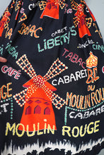 Load image into Gallery viewer, 50s BLACK AND RED MOULAIN ROUGE PARIS NOVELTY PRINT FULL SKIRT WITH BELT - 26"