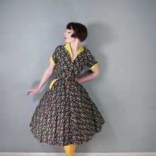Load image into Gallery viewer, 50s NOVELTY BLACK DUCK PRINT FULL SKIRTED BELTED COTTON DRESS - M
