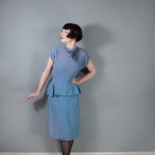 Load image into Gallery viewer, 40s DUBARRY LIGHT BLUE CREPE PEPLUM DRESS WITH SEQUIN AND BEAD BOW EMBELLISHEMENT - S