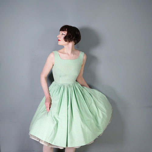 50s 60s GREEN TEXTURED CHECK PATTERN COTTON DAY DRESS - S