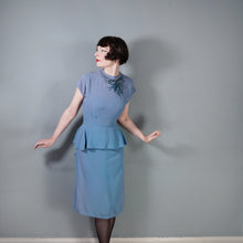 Load image into Gallery viewer, 40s DUBARRY LIGHT BLUE CREPE PEPLUM DRESS WITH SEQUIN AND BEAD BOW EMBELLISHEMENT - S