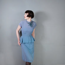 Load image into Gallery viewer, 40s DUBARRY LIGHT BLUE CREPE PEPLUM DRESS WITH SEQUIN AND BEAD BOW EMBELLISHEMENT - S