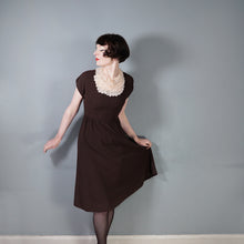 Load image into Gallery viewer, 40s CHESTNUT BROWN RAYON CREPE TEA DRESS WITH TIERED SCALLOPED BIB - XS