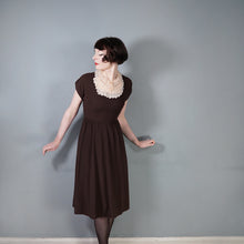 Load image into Gallery viewer, 40s CHESTNUT BROWN RAYON CREPE TEA DRESS WITH TIERED SCALLOPED BIB - XS