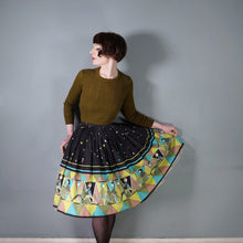 Load image into Gallery viewer, 50s 60s NOVELTY BLACK AND GREEN PEOPLE ART BORDER PRINT FULL SKIRT - 25"