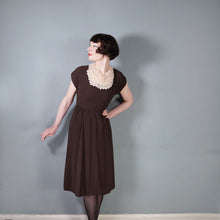 Load image into Gallery viewer, 40s CHESTNUT BROWN RAYON CREPE TEA DRESS WITH TIERED SCALLOPED BIB - XS