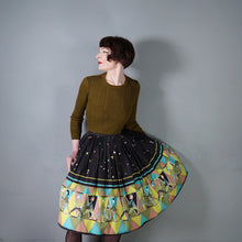 Load image into Gallery viewer, 50s 60s NOVELTY BLACK AND GREEN PEOPLE ART BORDER PRINT FULL SKIRT - 25"