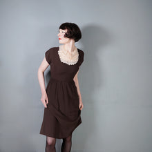 Load image into Gallery viewer, 40s CHESTNUT BROWN RAYON CREPE TEA DRESS WITH TIERED SCALLOPED BIB - XS