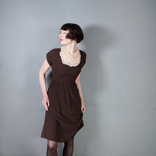 40s CHESTNUT BROWN RAYON CREPE TEA DRESS WITH TIERED SCALLOPED BIB - XS