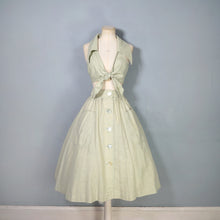 Load image into Gallery viewer, 70s BUS STOP PALE GREEN TWO PIECE FULL SKIRT AND CROPPED TIE BLOUSE TOP -