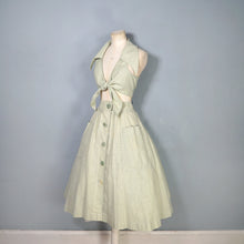 Load image into Gallery viewer, 70s BUS STOP PALE GREEN TWO PIECE FULL SKIRT AND CROPPED TIE BLOUSE TOP -
