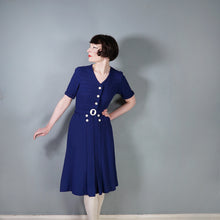 Load image into Gallery viewer, 40s DARK BLUE PIN TUCKED DRESS WITH BUTTON DETAIL AND BUCKLED BELT - S