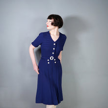 Load image into Gallery viewer, 40s DARK BLUE PIN TUCKED DRESS WITH BUTTON DETAIL AND BUCKLED BELT - S