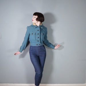 40s style HAND TAILORED DUSKY BLUE CROPPED SKI JACKET WITH POINTY HOOD - S-M
