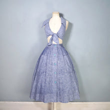 Load image into Gallery viewer, 70s BUS STOP LEE BENDER STORMY BLUE TWO PIECE FULL SKIRT AND CROPPED TIE BLOUSE TOP - XS