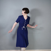 Load image into Gallery viewer, 40s DARK BLUE PIN TUCKED DRESS WITH BUTTON DETAIL AND BUCKLED BELT - S