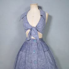 Load image into Gallery viewer, 70s BUS STOP LEE BENDER STORMY BLUE TWO PIECE FULL SKIRT AND CROPPED TIE BLOUSE TOP - XS