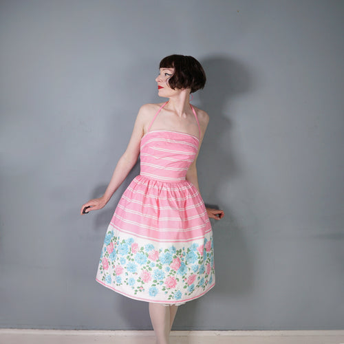 50s 60s ROSY BOUTIQUE PINK STRIPE HALTER SUN DRESS WITH FLORAL BORDER PRINT - S