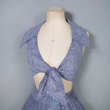 Load image into Gallery viewer, 70s BUS STOP LEE BENDER STORMY BLUE TWO PIECE FULL SKIRT AND CROPPED TIE BLOUSE TOP - XS