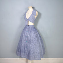 Load image into Gallery viewer, 70s BUS STOP LEE BENDER STORMY BLUE TWO PIECE FULL SKIRT AND CROPPED TIE BLOUSE TOP - XS