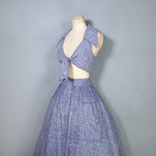 Load image into Gallery viewer, 70s BUS STOP LEE BENDER STORMY BLUE TWO PIECE FULL SKIRT AND CROPPED TIE BLOUSE TOP - XS