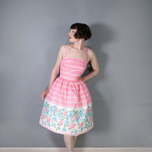 Load image into Gallery viewer, 50s 60s ROSY BOUTIQUE PINK STRIPE HALTER SUN DRESS WITH FLORAL BORDER PRINT - S