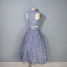 Load image into Gallery viewer, 70s BUS STOP LEE BENDER STORMY BLUE TWO PIECE FULL SKIRT AND CROPPED TIE BLOUSE TOP - XS