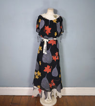 Load image into Gallery viewer, 70s ARISTOS BLACK AND CREAM AUTUMNAL LEAF PRINT CHIFFON MAXI DRESS - XS