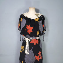 Load image into Gallery viewer, 70s ARISTOS BLACK AND CREAM AUTUMNAL LEAF PRINT CHIFFON MAXI DRESS - XS