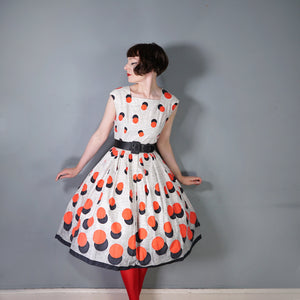 50s HANDMADE BOLD BLACK AND RED DOT BORDER PRINT DAY DRESS - M