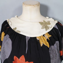 Load image into Gallery viewer, 70s ARISTOS BLACK AND CREAM AUTUMNAL LEAF PRINT CHIFFON MAXI DRESS - XS