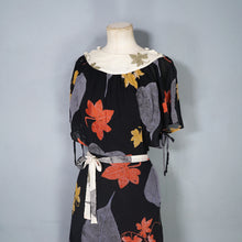 Load image into Gallery viewer, 70s ARISTOS BLACK AND CREAM AUTUMNAL LEAF PRINT CHIFFON MAXI DRESS - XS