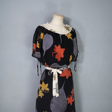 Load image into Gallery viewer, 70s ARISTOS BLACK AND CREAM AUTUMNAL LEAF PRINT CHIFFON MAXI DRESS - XS