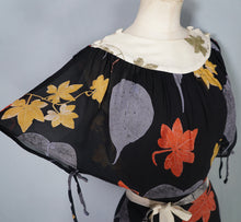 Load image into Gallery viewer, 70s ARISTOS BLACK AND CREAM AUTUMNAL LEAF PRINT CHIFFON MAXI DRESS - XS