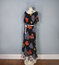 Load image into Gallery viewer, 70s ARISTOS BLACK AND CREAM AUTUMNAL LEAF PRINT CHIFFON MAXI DRESS - XS